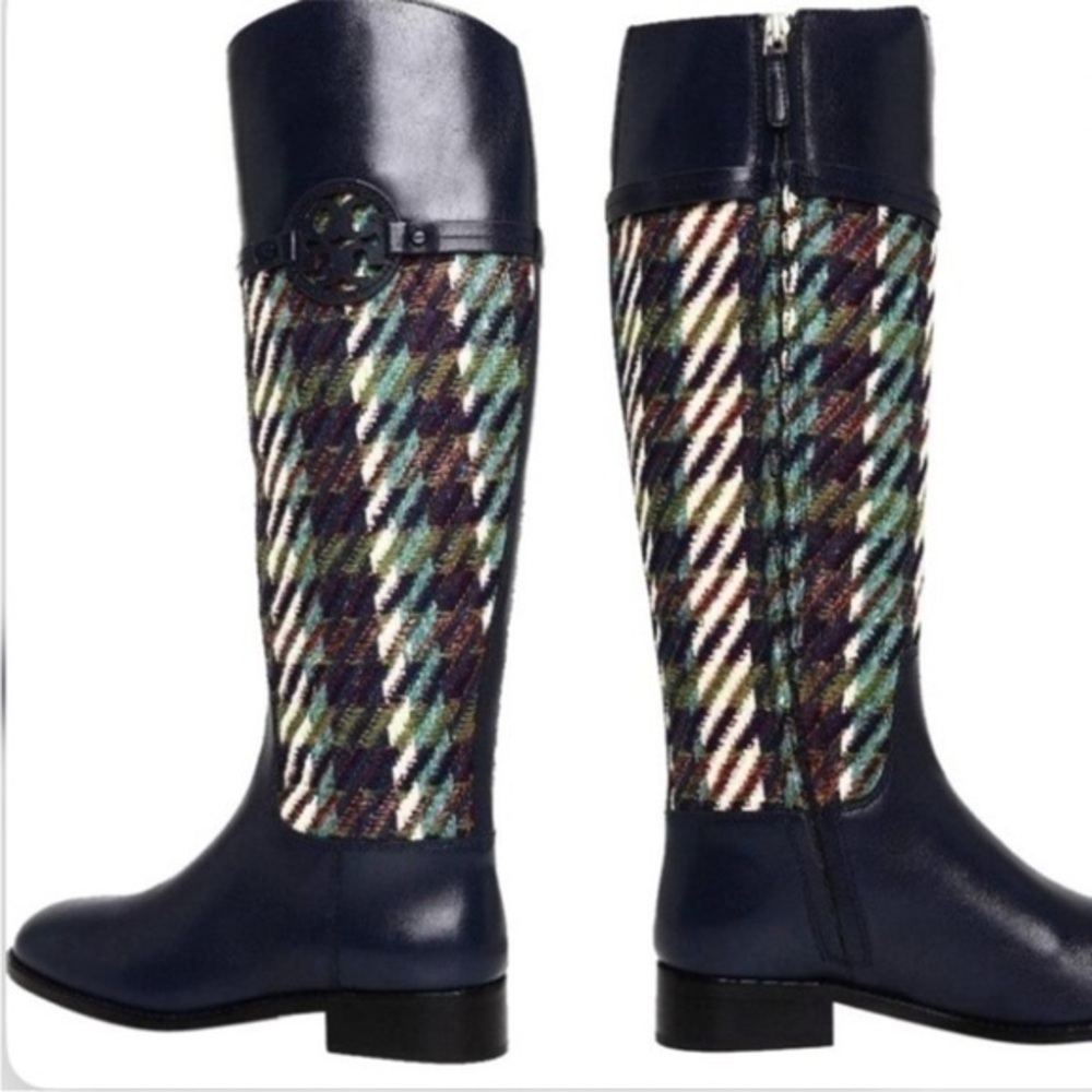 Tory Burch Riding Boots Miller Tweed Calf Height in Blue Plaid